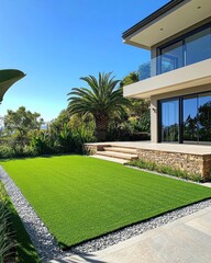 Naklejka premium Lush green lawn, modern home, landscaped backyard