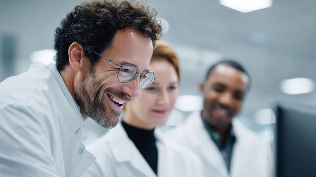 Diverse team of scientists celebrating a breakthrough in a lab setting. Focus on positive collaboration, research, discovery,  innovation in medicine. Optimistic. - Powered by Adobe