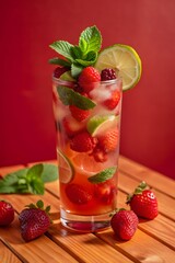 Refreshing mojito glass filled with lemonade, mint, lime, and fresh berries on wooden table setting