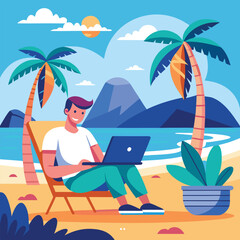 Freelancer working on a laptop at the beach enjoying the summer vacation.