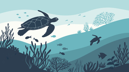 Naklejka premium Illustration of sea turtles swimming in the ocean with fish and coral reef in shades of blue and teal
