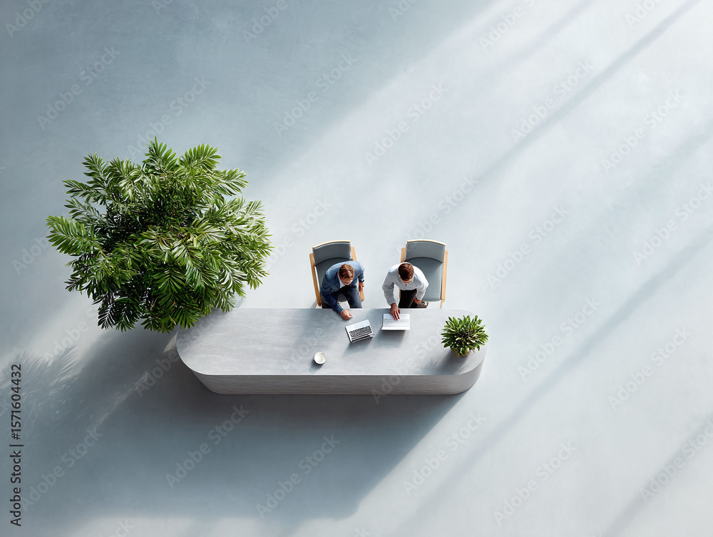 Poster minimalist top view captures two people working collaboratively at a table with laptops and plants. 