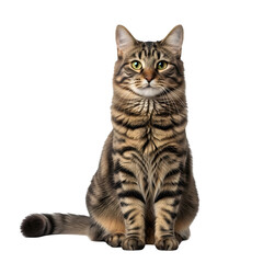 Obraz premium A captivating brown tabby cat poses elegantly against a stark black backdrop, showcasing its sleek coat and expressive feline features in a professional studio portrait, transparent background