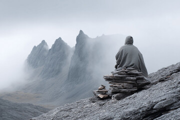 Hooded figure meditating on a stone stack, gazing at misty mountains. Serene scene evokes peace, introspection, and escape. Great for wellness or travel.