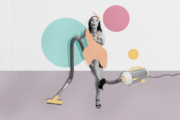 Composite photo collage trend sketch of pinup style young lady ddance hand hold vacuum cleaner...