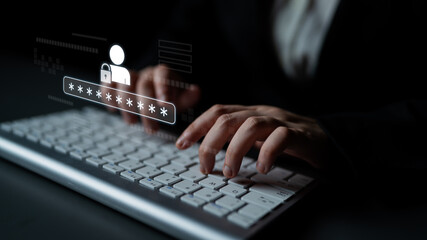 User authentication and password protection concept showing secure login, privacy safeguard, data...