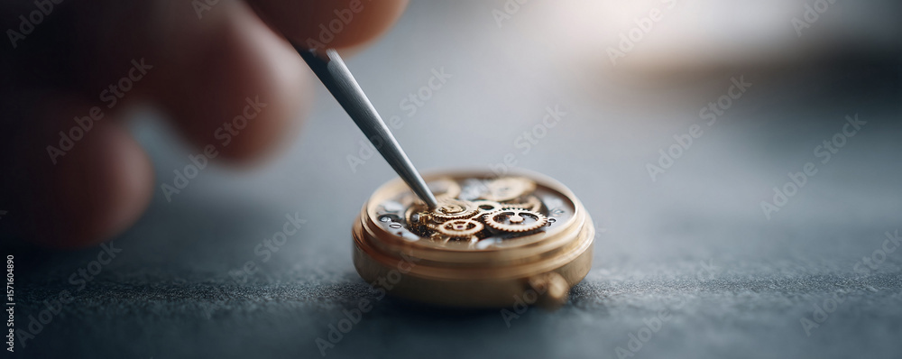 Poster closeup of a watchmaker repairing a golden watch mechanism with intricate gears and a precision tool
