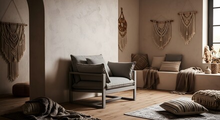 Neutral Interior with Armchair and Macrame Wall Decor in a Modern Minimalist Style
