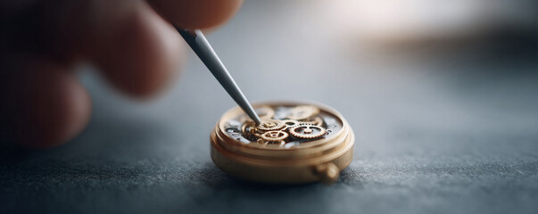 Closeup of a watchmaker repairing a golden watch mechanism with intricate gears and a precision tool. Symbolizes craftsmanship, precision, and time.