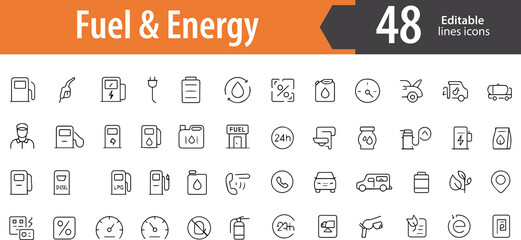 Fuel and Energy Line Icons, Gas Pump, Battery, Solar Panel, Lightning Bolt, Oil Barrel, Editable...