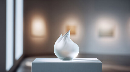 Elegant frosted glass sculpture on minimalist pedestal in art gallery setting.  Abstract form evokes fluidity and tranquility. Ideal for concepts of art, design, serenity, and luxury.