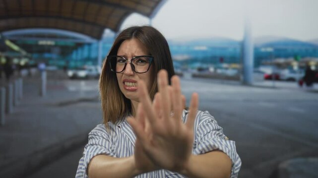 Young woman raising hand in stop gesture at airport terminal with a disapproving expression; denial.