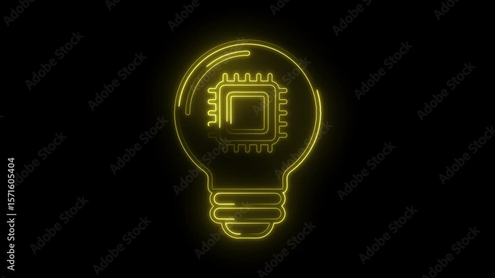Poster neon glowing lightbulb with microchip inside represents innovation and technology on black backgroun