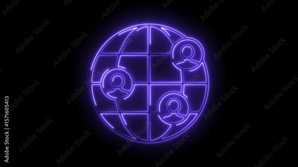 Poster neon global networking concept animated illustration on black background with user icons
