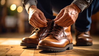 Close-up of man tying brown leather boots