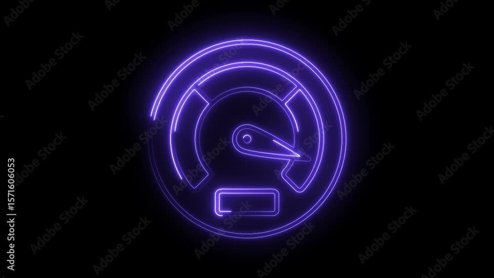 Poster neon speedometer animation performance measurement and acceleration on black background for futurist