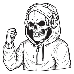Skeletal DJ: Monochrome Illustration of a Skull in a Hoodie and Headphones with a Clenched Fist