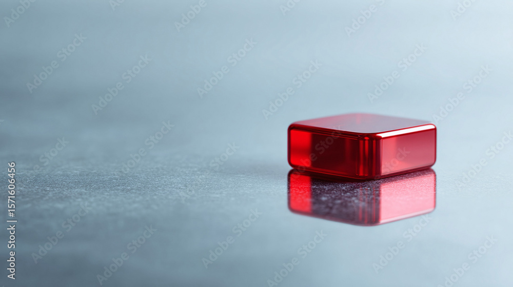 Poster a minimalist, red cube casting reflection, isolated on a textured grey surface. conceptual shot idea