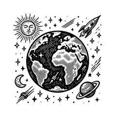 Earth Sun Moon Rocket and Stars in Engraved Style Black and White Space Illustration