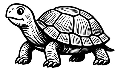 Fototapeta premium Detailed Black and White Engraving of a Walking Turtle with Shell Pattern and Smiling Face