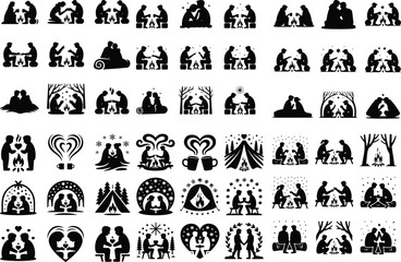 Romantic Winter Camping Icon Set – Cold Weather Couple Silhouettes Couple Sitting in Winter Camp Silhouette Icons – Love in Snowy Outdoors