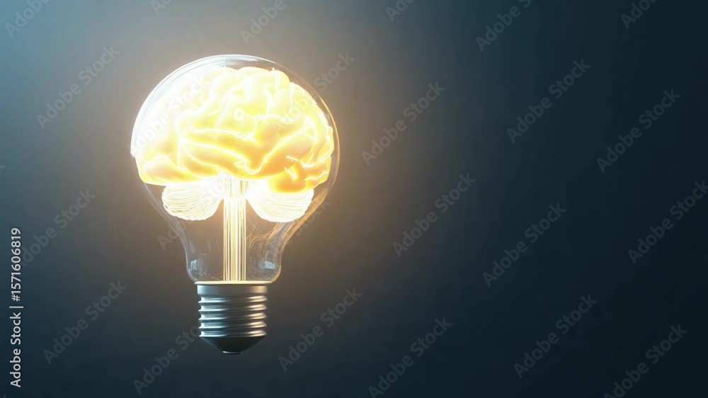Poster illuminating idea: a glowing brain within a light bulb, representing a spark of insight and creativi