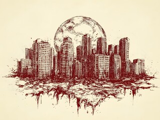 Fototapeta premium Sinking Cityscape: Dramatic Ink Sketch, Gloomy Moon
