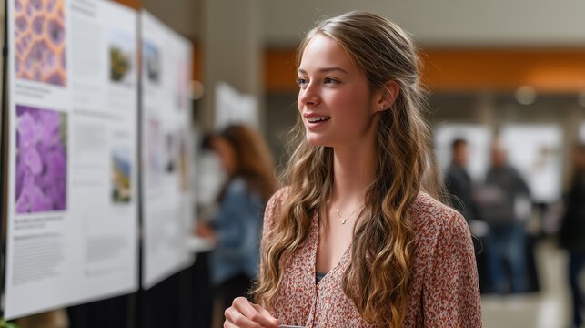 Young woman engages with science exhibition displays during a vibrant event in a conference center - Powered by Adobe