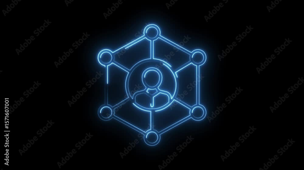 Poster glowing digital avatar connected through a decentralized network on a black background animation