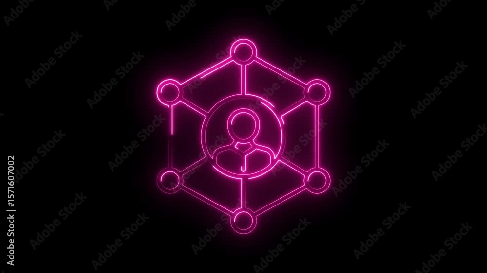 Poster neon network connecting people hologram animation on black background representing teamwork and rela