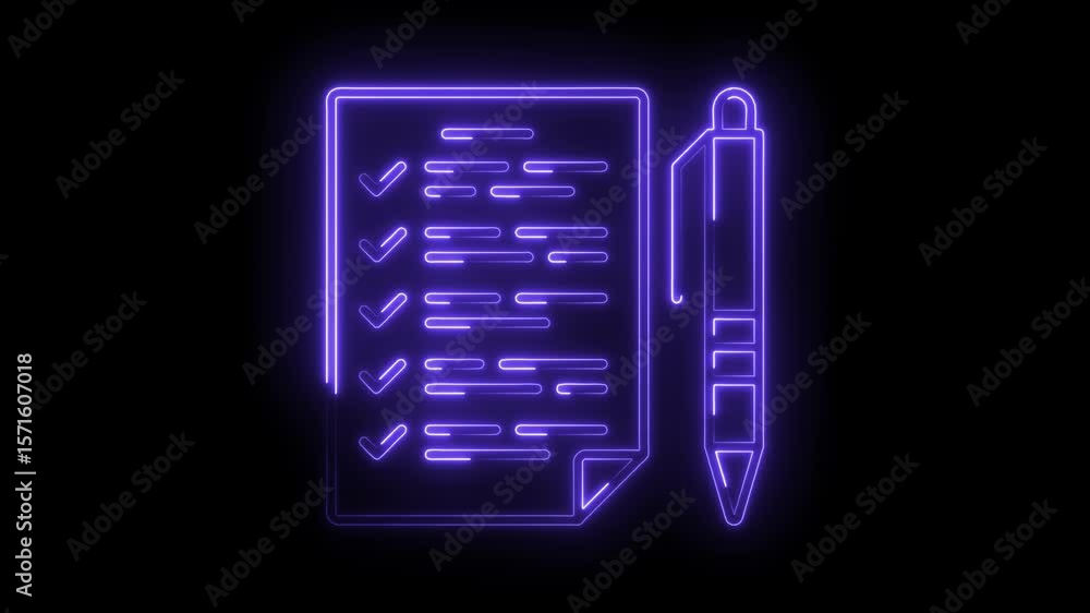 Poster checklist with pen neon style glow animation task management and productivity planning concept