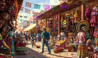 a lively market scene with vendors showcasing hand-painted calaveras