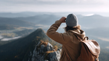 A hiker with a backpack contemplates a vast mountain range from a rocky peak. Evokes adventure, exploration, achievement. Ideal for travel, outdoor, or motivational content.
