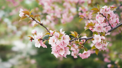 Obraz premium Delicate pink blossoms on a tree branch.