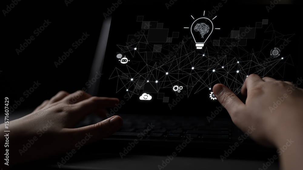 Poster ai innovation with neural network and digital transformation. ai innovation drives automation, power