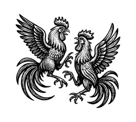 Obraz premium Two Roosters Facing Each Other with Wings Spread in Detailed Black and White Engraving