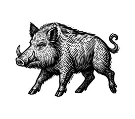 Engraved Illustration of a Wild Boar Walking Viewed from The Side in Black and White