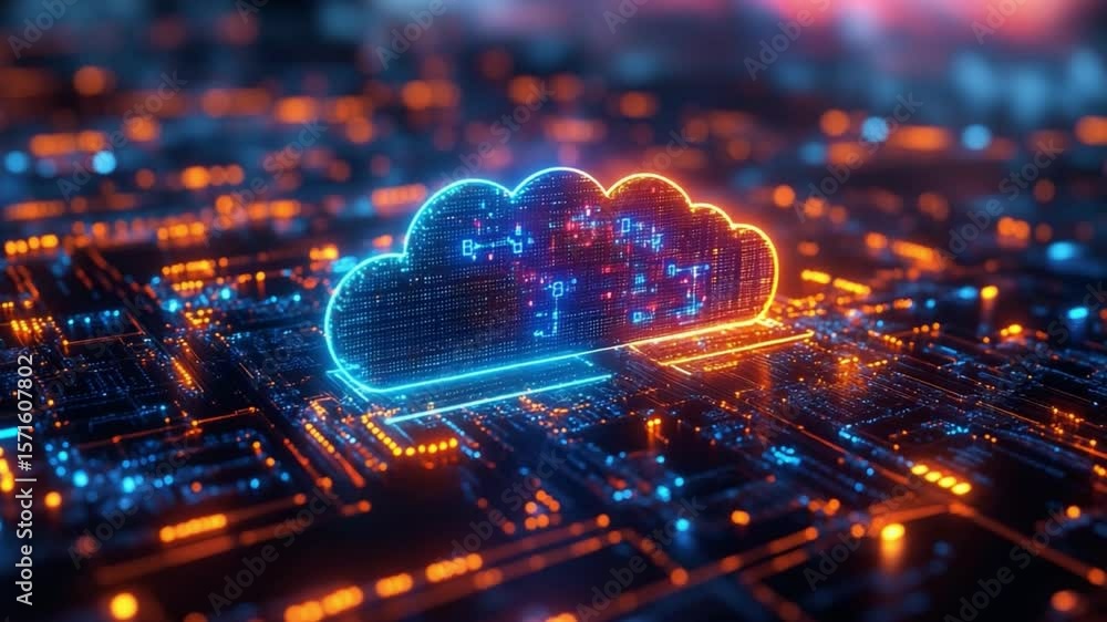 Poster cloud data's digital core: a visually striking representation of cloud computing, rendered in vivid 