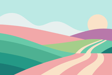 Obraz premium Pastel Countryside With Layered Hills And Striped Sky