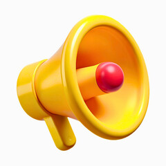 Bright yellow megaphone with red button on white background