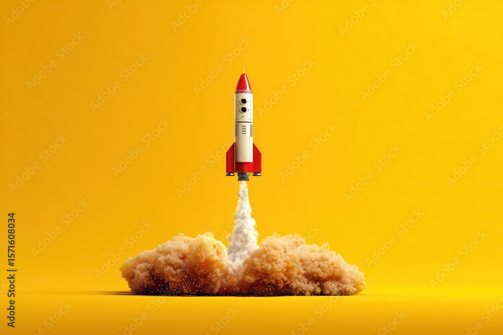 Poster rocket launches against a bright yellow background creating a vibrant display of color and energy du