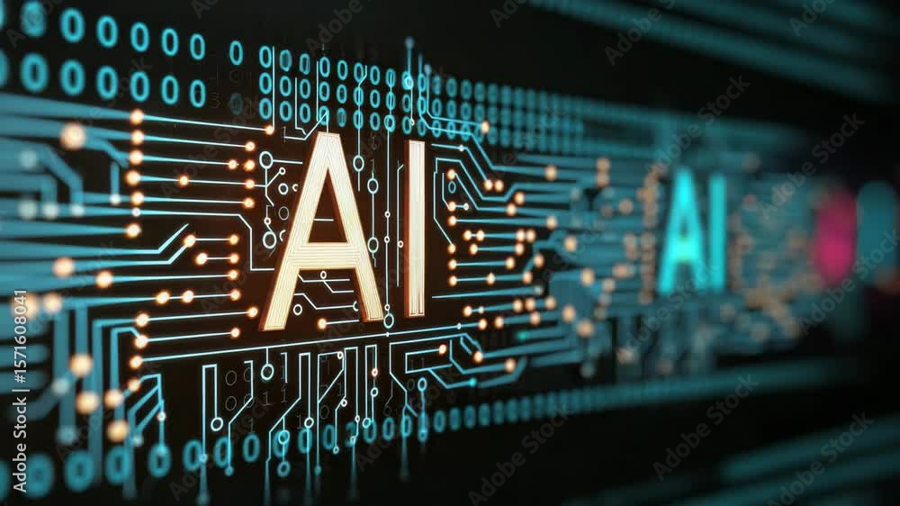 Poster ai text on circuit board background in web animation