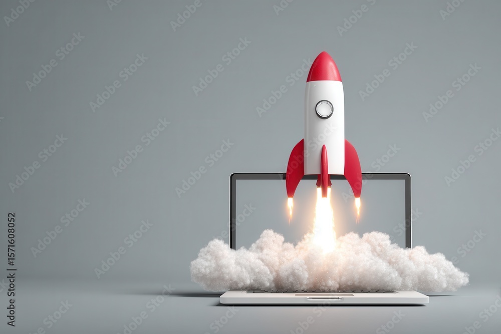 Poster rocket launches from laptop screen in a surreal display of technology and imagination at a futuristi
