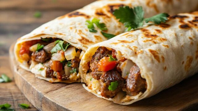 Delicious Burrito: Two appetizing burritos sit on a wooden board, tempting viewers with a vibrant combination of savory meats, fresh cilantro, and a tantalizing blend of flavors and textures.