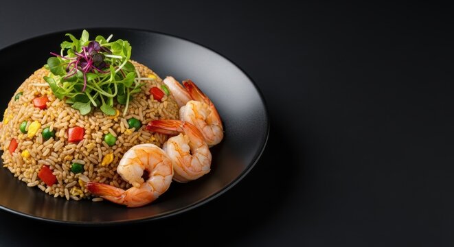 Elegant shrimp fried rice with colorful vegetables and vibrant microgreens on a black background for a sophisticated culinary experience