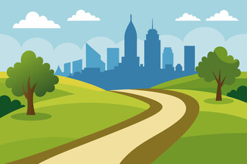 Fototapeta premium Park Trail Leading Toward City Skyline In The Foreground