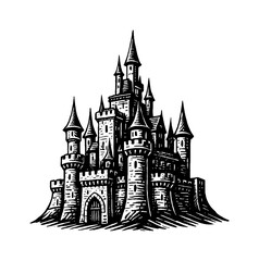 Obraz premium Detailed Black and White Engraving of a Fantasy Castle with Towers and Arched Entrance