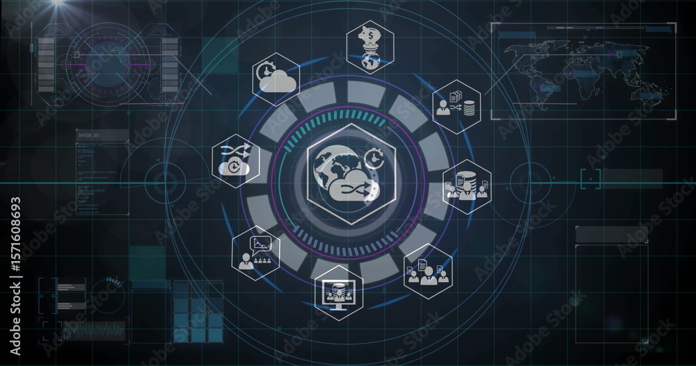 Poster global network and data processing image over digital interface with icons