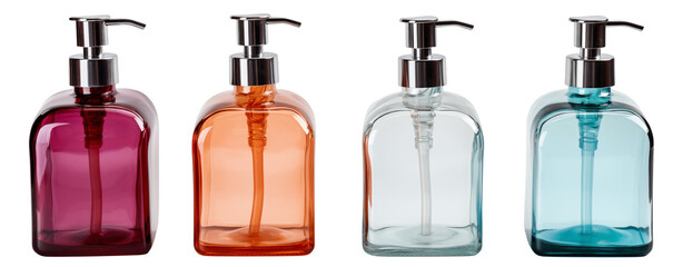 Colorful liquid soap dispensers, bathroom accessories in glass bottles add charm
