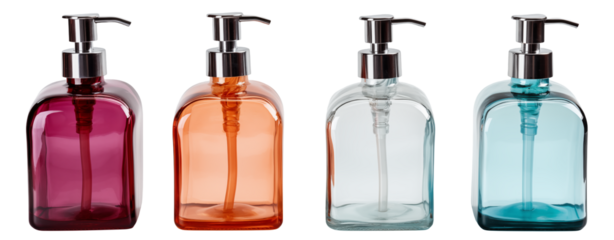 Colorful liquid soap dispensers, bathroom accessories in glass bottles add charm